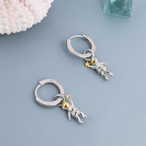Little Astronaut Charmed Hoop Earrings in Sterling Silver - Cute Space Theme Huggie Hoop Earrings  -   Fun, Whimsical, Detachable