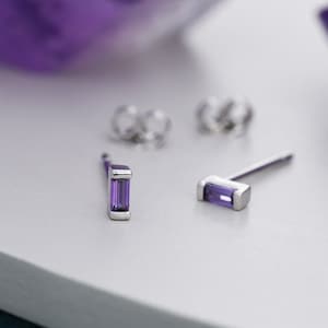 Amethyst Purple Tiny Baguette CZ Stud Earrings in Sterling Silver, Silver or Gold, Geometric Tiny CZ Earrings, Stacking Earrings