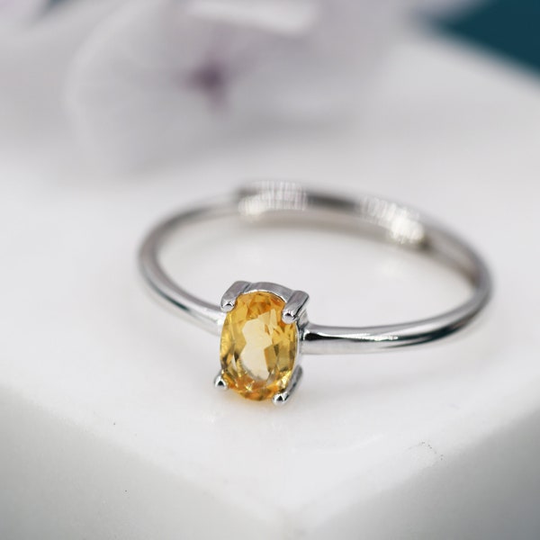 Natural Citrine Oval Ring in Sterling Silver,  4x6mm, Prong Set Oval Cut, Adjustable Size, Genuine Citrine Ring, November Birthstone