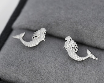 Mermaid Stud Earrings in Sterling Silver, Silver or Gold, Mermaid Fish Earrings, Fun and Dainty