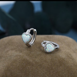White Opal Heart Huggie Hoop Earrings in Sterling Silver, Silver or Gold, Lab Opal Heart Hoops, Heart Hoops