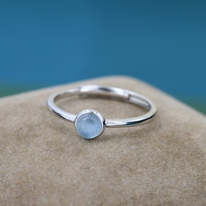 Minimalist Genuine Aquamarine Ring in Sterling Silver,  4mm Bezel Set Natural Aquamarine Ring, Adjustable Size, Aquamarine Ring