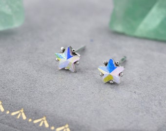 Aurora AB Crystal CZ Star Stud Earrings in Sterling Silver, 5mm Colour Changing Crystals, Star Earrings, Crystal Star Stud