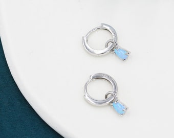 Blue Opal Droplet Huggie Hoop Earrings in Sterling Silver,  Prong Set, Lab Opal Hoops, Silver or Gold,  Detachable