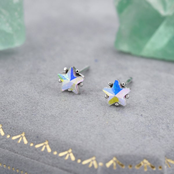 Aurora AB Crystal CZ Star Stud Earrings in Sterling Silver, 5mm Colour Changing Crystals, Star Earrings, Crystal Star Stud