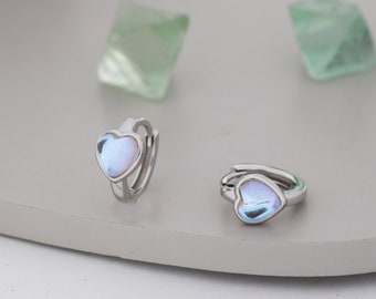 Moonstone Heart Huggie Hoop Earrings in Sterling Silver, Silver or Gold, Simulated Moonstone Heart Hoops, Heart Hoops