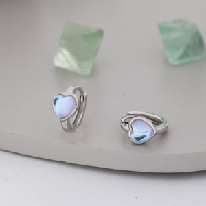 Moonstone Heart Huggie Hoop Earrings in Sterling Silver, Silver or Gold, Simulated Moonstone Heart Hoops, Heart Hoops