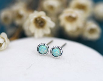 Sterling Silver Tiny Green Opal Stud Earrings, Tiny Opal Earrings, Mint Green Opal, Lab Opal Stud, 3mm Opal Earrings