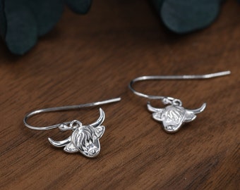 Highland Cow Drop Dangling Earrings in Sterling Silver, Silver or Gold or Rose Gold, Highland Cow Earrings, Cow Hook Earrings, Scottish