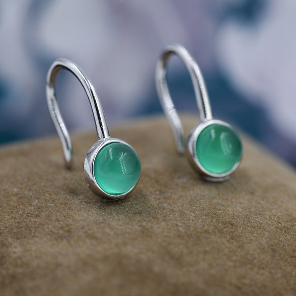 Genuine Green Onyx Drop Earrings in Sterling Silver, Natural Green Chalcedony Round Hook Earrings, Delicate Green Onyx Earrings