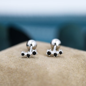 Tiny Black CZ Trio Screw Back Earrings in Sterling Silver, Silver or Gold, Tiny Three Star CZ Barbell Earrings, Stacking Earrings