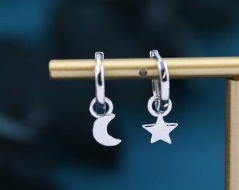 Mismatched Moon and Star Charm Huggie Hoop Earrings, Detachable Charm Hoops, Celestial Earrings, Silver, Gold and Rose Gold