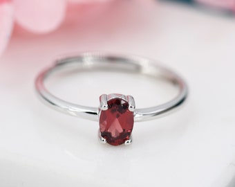 Natural Red Garnet Oval Ring in Sterling Silver,  4x6mm, Prong Set Oval Cut, Adjustable Size, Genuine Garnet Ring, January Birthstone