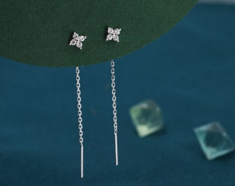 Hydrangea Flower CZ Threader Earrings in Sterling Silver, Silver or Gold, Four Dot Crystal Ear Threaders, Flower CZ Earrings