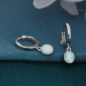 Sterling Silver Dangling Oval  Opal Hoop Earrings,  Fire Opal Charm Dangle Hoop Earrings, Silver or Gold