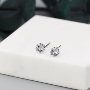 Sterling Silver Alexandrite CZ Stud Earrings,  4mm June Birthstone CZ Earrings, Silver, Dotted Bezel, Gold or Rose Gold
