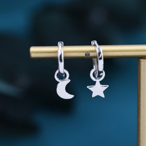 Mismatched Moon and Star Charm Huggie Hoop Earrings, Detachable Charm Hoops, Celestial Earrings, Silver, Gold and Rose Gold