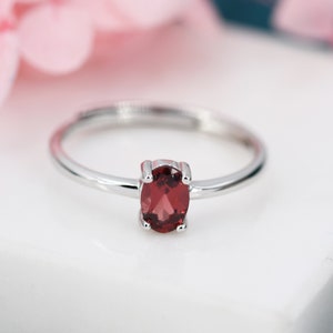 Natural Red Garnet Oval Ring in Sterling Silver,  4x6mm, Prong Set Oval Cut, Adjustable Size, Genuine Garnet Ring, January Birthstone