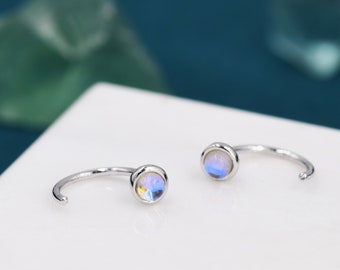 Moonstone Huggie Hoop Earrings in Sterling Silver, Silver or Gold, Tiny Moonstone Open Hoops, Pull Through Threaders, Half Hoops, C Shape