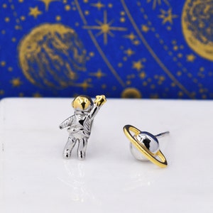Mismatched Astronaut and Planet Stud Earrings in Sterling Silver, Silver or Gold, Asymmetric Planet and Spaceman Earrings, Fun and Quirky