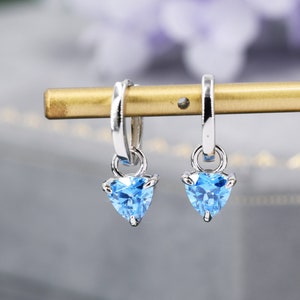 Sterling Silver Aquamarine Blue Trillion Cut CZ Hoop Earrings, Silver, Gold, Triangle Dangle Hoop Earrings, Interchangeable Charm