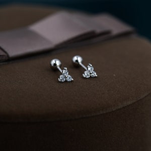 Very Tiny Three Dot Trio Screw Back Earrings in Sterling Silver with Sparkly CZ Crystals, Simple and Minimalist, Geometric and Discreet