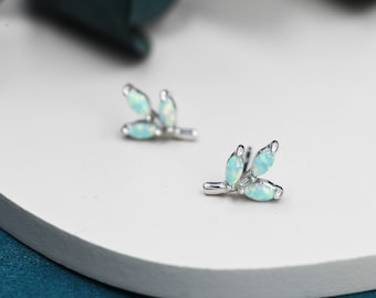 Tiny Little Opal Leaf Stud Earrings in Sterling Silver, Silver or Gold, Olive Leaf Earrings with Lab Opal, Opal Leaf Earrings