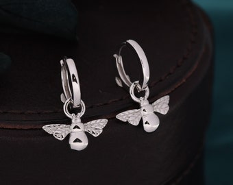 Sterling Silver Dangling Bee Hoop Earrings, Detachable Charm Dangle Hoop Earrings, Silver or Gold,  Interchangeable