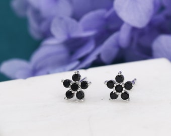 Pair of Black CZ Flower Stud Earrings in Sterling Silver, Silver or Gold, Crystal Flower Earrings, Stacking Earrings