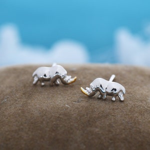 Rhino Stud Earrings in Sterling Silver, Rhinoceros Stud, Safari Earrings, Africa, Nature Inspired, Two Tone Earrings