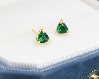 Trillion Cut Emerald Green CZ Stud Earrings in Sterling Silver, Silver or Gold, Cubic Zirconia Crystal Earrings