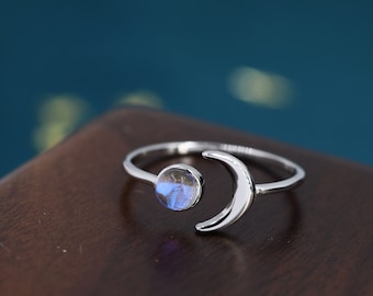 Anello lunare in argento sterling con pietra di luna, Luna piena e luna crescente, Anello di dimensioni regolabili, Anello aperto, Anelli impilabili, Anello con pietra di luna simulata