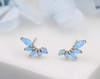 Sterling Silver Blue Opal Marquise Cluster Stud Earrings, Silver and Gold,  Blue Opal Earrings, Lab Opal Mini Crawler Earrings, Minimalist