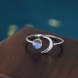 Sterling Silver Moonstone Moon Ring, Full Moon and Cresent Moon, Adjustable Sized Ring, Open Ring, Stacking Rings, Simulated Moonstone Ring