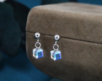 Aurora Borealis Cube Drop Stud Earrings in Sterling Silver, AB CZ Cube Earrings, Aurora Colour Changing Square Earrings