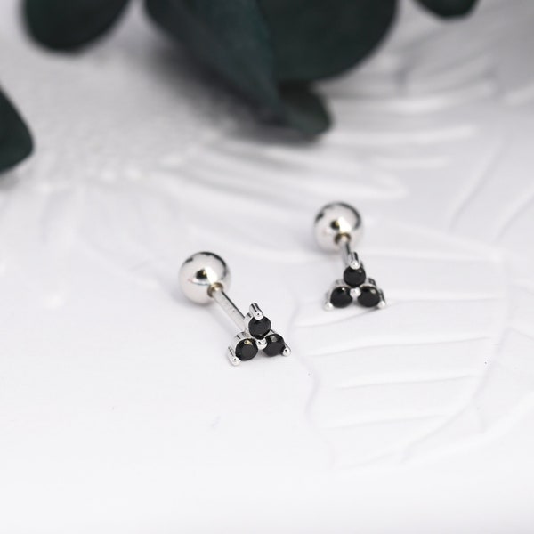 Tiny Black CZ Trio Screw Back Earrings in Sterling Silver, Three CZ Earrings, Simple and Minimalist, Geometric and Discreet, Black Screwback