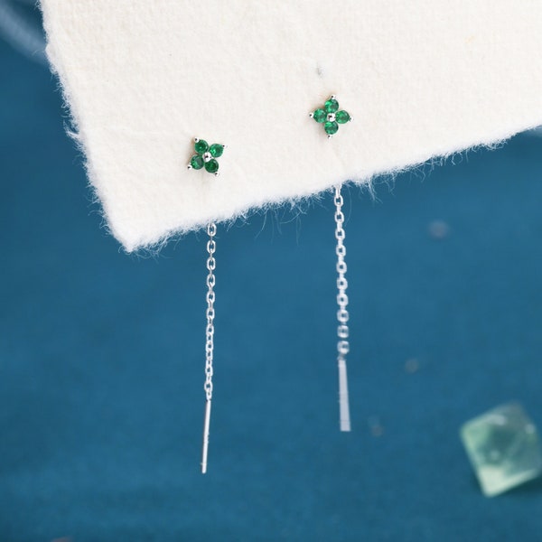 Emerald Green Hydrangea Flower CZ Threader Earrings in Sterling Silver, Silver or Gold, Four Dot Crystal Ear Threaders, Flower CZ Earrings