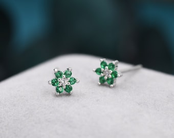 Very Tiny Emerald Green CZ Flower Stud Earrings in Sterling Silver, Silver or Gold, Crystal Flower Earrings, Stacking Earrings