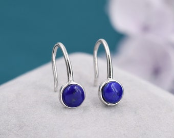 Genuine Lapis Lazuli Drop Earrings in Sterling Silver, Natural Lapis Round Hook Earrings, Delicate Lapis Earrings, Real Lapis Earrings