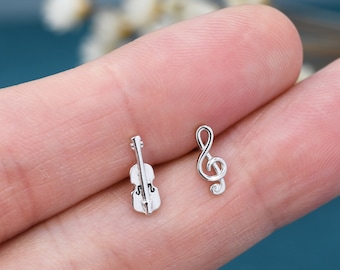 Mismatched Violin and Music Note Stud Earrings in Sterling Silver, Asymmetric Violin and Music Earrings