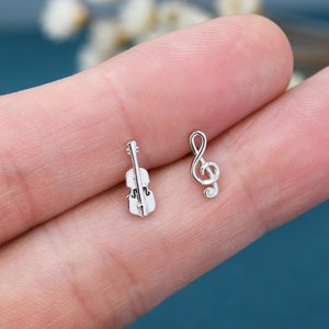 Mismatched Violin and Music Note Stud Earrings in Sterling Silver, Asymmetric Violin and Music Earrings