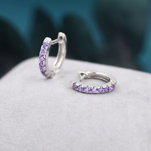 Créoles Huggie en argent sterling, argent ou or améthyste violette, créoles minimalistes, créoles de 8 mm, créoles violets, pierre de naissance de février