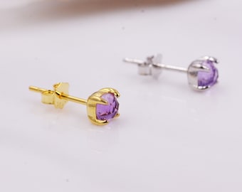 Natural Amethyst Tiny Stud Earrings in Sterling Silver, Rose Cut Amethyst, Gold or Silver, Genuine Gemstone, Minimalist Geometric Design