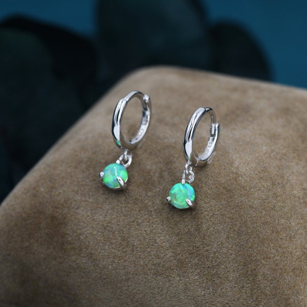 Green Opal Dot Dangle Huggie Hoop Earrings in Sterling Silver, 4mm Tiny Opal Hoops, Opal Hoops, Fire Opal Hoops