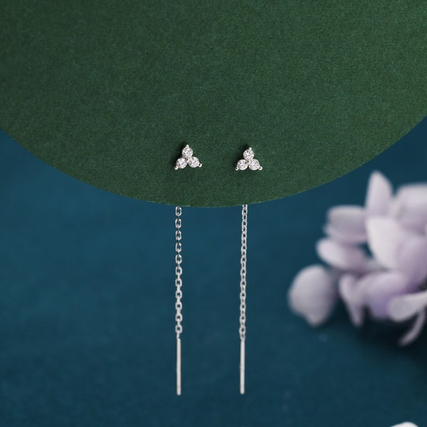 CZ Trio Flower Threader Earrings in Sterling Silver, Silver or Gold, Three Dot Crystal Ear Threaders, Flower CZ Earrings