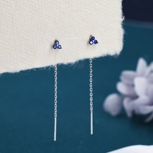 Sapphire Blue Trio Flower CZ Threader Earrings in Sterling Silver, Silver or Gold, Three Dot Crystal Ear Threaders, Flower CZ Earrings