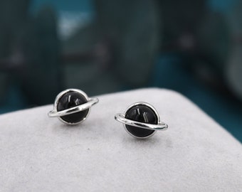 Genuine Black Onyx Planet Stud Earrings in Sterling Silver, Black Onyx Planet Earrings, Black Onyx Saturn Earrings