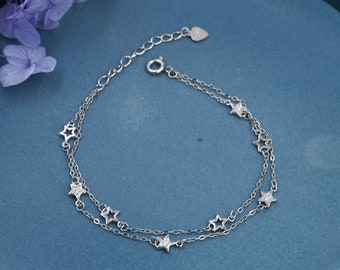 Bracelet étoile double rang en argent sterling, bracelet étoile flottante, bracelet étoile en argent, bracelet petite étoile, bracelet étoile coeur