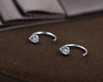 CZ Droplet Huggie Hoop Earrings in Sterling Silver, Tiny CZ Pear Cut Open Hoops, Pull Through Threaders, Half Hoops, C Shape