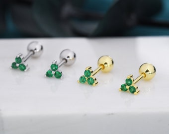 Tiny Three  Emerald Green CZ Screw Back Earrings in Sterling Silver, Green CZ Trinity Screwback, CZ Trio Earrings